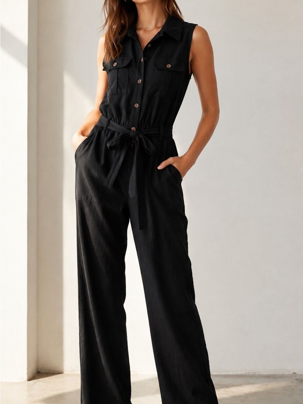 Sleeveless Black Midi Dress with Tie Waist